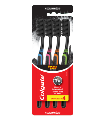 Colgate Double Action Medium Multi-colour Charcoal Multipack Medium Bristles Toothbrush - 4 Pieces