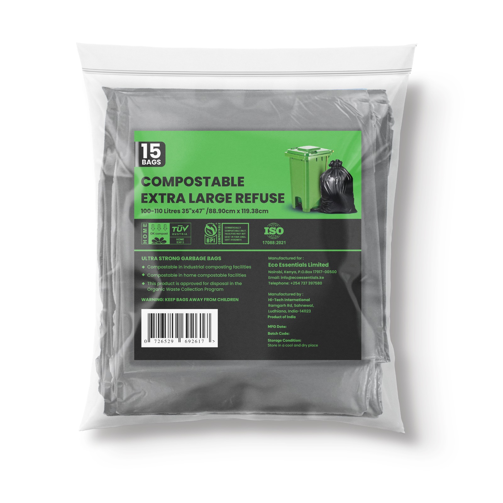 Eco Compostible Garbage Bag Black 88.90CmX119.38Cm
