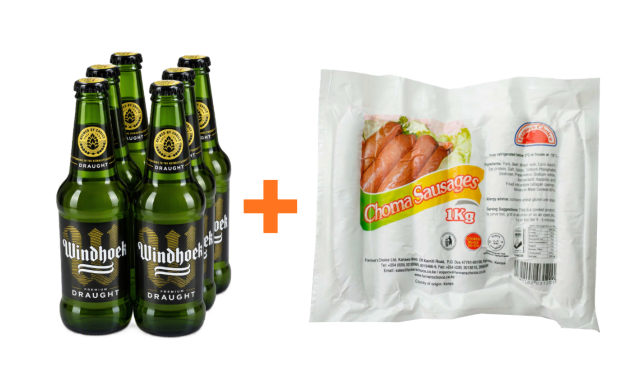 Windhoek Draught 330Ml 6s + Farmers  Choice Beef Choma Sausage 1Kg